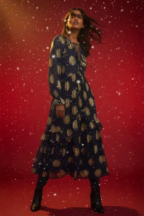 Roman Frill Brocade Midi Dress