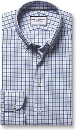 CHARLES TYRWHITT Button-Down Non-Iron Stretch Oxford Check Cotton Shirt - Blue Single Cuff Size 14.5/32 by Charles Tyrwhitt