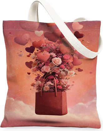 Generic Heart Floral Canvas Tote Bags, Flower Design Reusable Grocery Bags, Spring Vintage Lightweight Washable Shoulder Strap Canv, Peach, 13x15 Inch