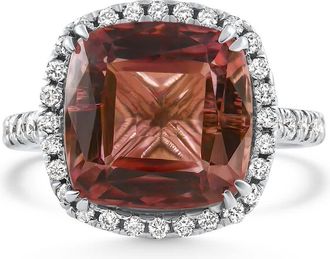 Pompeii3 6.84Ct Red Brown Cushion Tourmaline Diamond Halo Ring 14k White Gold Lab Grown Size: 6
