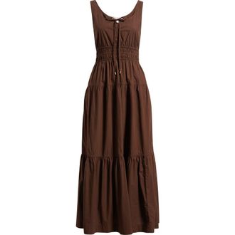 Chelsea28 Cotton Poplin Tiered Maxi Sundress in Brown Bitter at Nordstrom, Size Xx-Small
