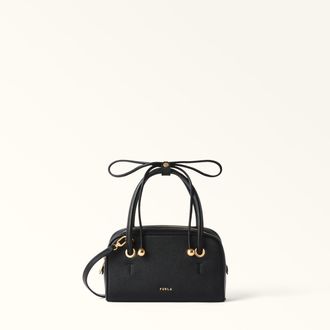 Furla Poppy Borsa A Mano Nero Nero Pelle Pieno Fiore Diamond + Pelle Di Vitello Sidney Donna