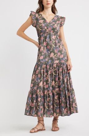 Treasure & Bond Floral Print Cotton Midi Dress in Olive Frou Floral at Nordstrom, Size Xx-Small