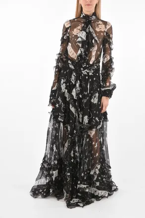 Philipp Plein COUTURE EST.1978 vestito floor a balze trasparente in seta collo con fiocco Philipp Plein