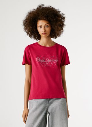 Pepe Jeans London T-Shirt PEPE JEANS BRADY, Damen, Gr. XL, 387penn pink, Single Jersey, Obermaterial: 100% Baumwolle, Glitzermuster, normal, Rundhals, abgesteppte Kante