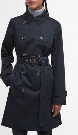 Barbour Greta Belted Water Resistant Twill Trench Coat in Dark Navy/Hessian Tartan at Nordstrom, Size 12 Us