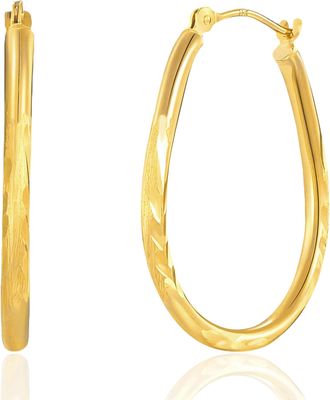 MAX + STONE 14k Yellow Gold Sectioned Diamond Cut & Satin Finish Oval Hoop Earrings 25MM