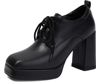 Generic Womens Square Toe Platform Dress Shoes Lace Up Vintage Oxford Shoes Block High Heel Office Shoe,Black,7.5 UK