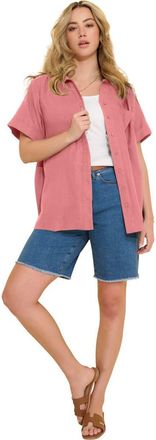 Roaman's Plus Size Linen Blend Short Sleeve Button Front Shirt in Peach Blossom at Nordstrom, Size 20