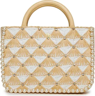 Lele Sadoughi Maya Crystal Fan Raffia Mini Tote in Ivory Natural 999 at Nordstrom