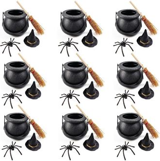 OEM Set De 9 Mini Calderos De Bruja Para Halloween: Cada Set Incluye Un Peque&ntilde;o Caldero De Pl&aacute;stico Negro Para Dulces Con Una Ara&ntilde;a, Una Escoba Y Un Sombr