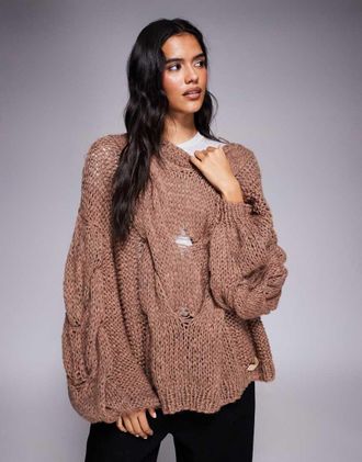 Kiwi & Co Daydream - Maglione in misto lana a trecce lavorato a mano oversize extra largo con maniche a palloncino color moka-Marrone