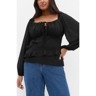 City Chic Shayla Ruffle Long Sleeve Top in Black at Nordstrom, Size 14W