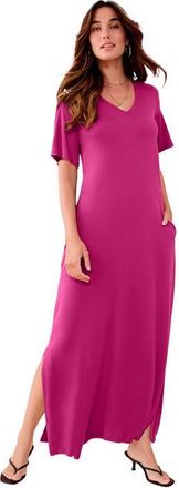 Roaman's Plus Size Stretch Knit Short Sleeve Maxi Dress With Side Slit Detail in Raspberry at Nordstrom, Size 24