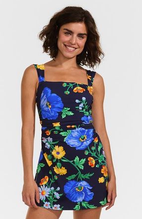 Lands End Chlorine Resistant Square Neck Ruched Swim Dress One Piece Swimsuit in Navy/exploded Poppy Floral at Nordstrom, Size 26W