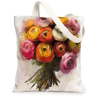 Generic Spring Ranunculus Flower Canvas Tote Bag for Shopping 13x15, Watercolor Florals Plant Reusable Grocery Print Pattern Bag for Women, Botanical Beach Ae