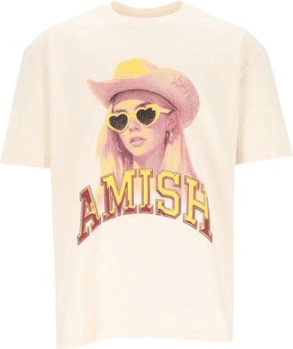 Amish Jersey Sunglass T-Shirt - Dames - Tops - Beige - Maat: S Jersey