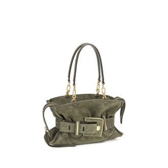 Balmain Womens Anthem Shoulder Bag Green Calf Suede