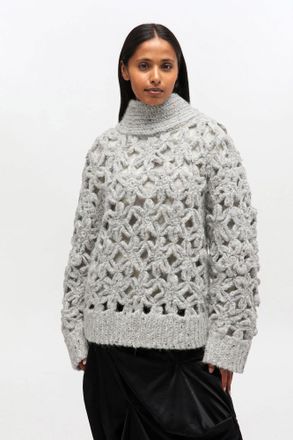 Ganni Grey Flower Crochet Sweater