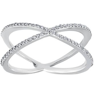 Pompeii3 1/5CT 10K White Gold Round Diamond Crossover Cocktail Fashion Statement X Ring