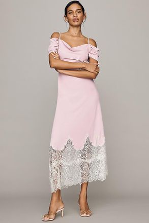 Bl^nk London Satin Off-Shoulder Lace Midi Dress