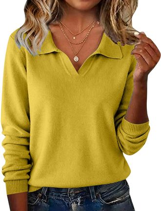 Generic sweatshirt, christmas jumper for family, Long Sleeved Knitted Base soild color Elegant Temperament Inner Cotton Top Pullovers Sweaters Yellow