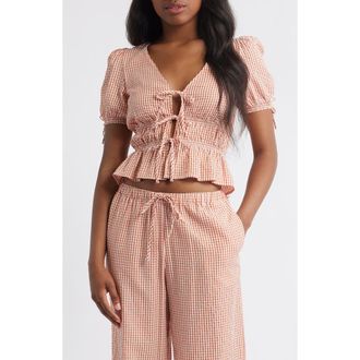 Wayf x Styled by COCO! Nina Gingham Seersucker Tie Front Top in Clay Seersucker at Nordstrom, Size Medium