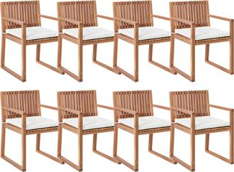 Beliani Conjunto De 8 Sillas De Jard&iacute;n R&uacute;stico Con Cojines Madera De Acacia Certificada Lino Sint&eacute;tico Marr&oacute;n Claro Y Blanco Crema Sassari Ii