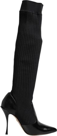 Dolce & Gabbana Zwarte leren geribbelde gebreide laarzen - Dames - Over de knie laarzen - Zwart - 38 EU - Leer - Schoenen