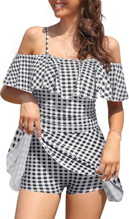 SHEKINI Womens Skirted One Piece Swimsuit Off-Shoulder Swimwear with Shorts Ruffled Flounce Swimming Costume Bathing Suits