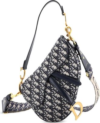 Dior Borsa a spalla Saddle media in tela con motivo Oblique con tracolla - Blu