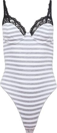 Fleur du Mal Ivy Lace Bodysuit in Stone Stripe W/Black Trim at Nordstrom, Size X-Small