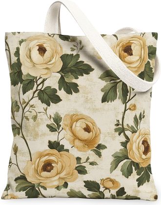 Generic Spring Ranunculus Flower Canvas Tote Bag for Shopping 13x15, Vintage Wildflower Florals Reusable Grocery Print Bag for Women, Aesthetic Beach Aestheti