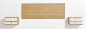 HOGAR 24 Cabecero Acabado Madera Maciza Natural + 2 Mesitas Flotantes Dos Cajones Acabado Cera / Blanco. Medidas Cabecero: 155 X 60 X 2 Cm