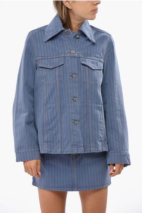 Ganni Striped Denim Jacket with Logoed Buttons size 40