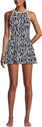 Lands End Chlorine Resistant Tugless High Neck Swim Dress One Piece Swimsuit in Black/white Vine Floral at Nordstrom, Size 10
