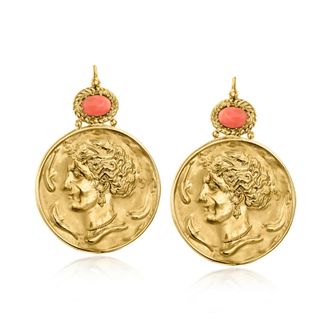 Ross-Simons Italian Tagliamonte Pink Coral Roman Portrait Drop Earrings in 18kt Gold Over Sterling