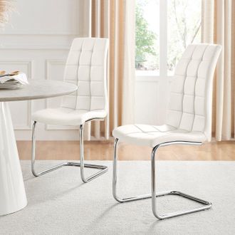 Furniturebox Set of 2 Murano Deep Cushioned Soft Touch Faux Leather Dining Chairs With Silver Chrome Metal Legs in White