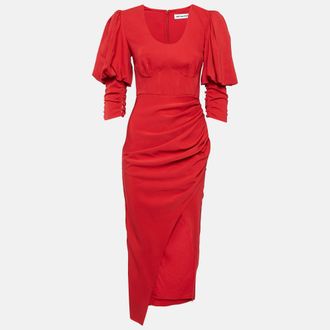 Self Portrait Red Stretch Crepe Ruched Midi Dress