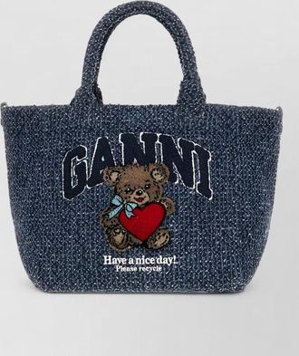 Ganni denim small tote bag embroidered design top handles