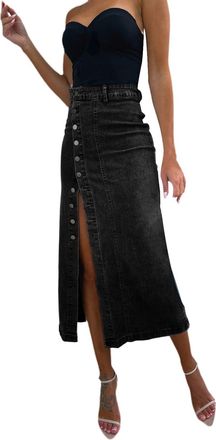 Generic Long Denim Skirt for Women UK Plus Size A-Line High Waist Button Side Split Jeans Skirts Casual Y2k Streetwear Stretch Comfortable Bodycon Denim Skirt