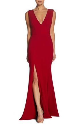 Dress The Population Sandra Plunge Crepe Trumpet Gown in Garnet at Nordstrom Rack, Size X-Large