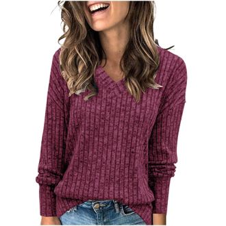 Generic SYDUZAX V Neck Jumpers for Women UK Basic Casual Long Sleeve Tops Knitted Jumper Lightweight Sweatshirt Fall Winter Warm Clothes Solid Color Pullover 