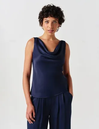 Ghost London Nyla Cowl Neck Satin Top in Navy at Nordstrom, Size 10
