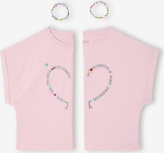 Vertbaudet Set BEST FRIENDS: 2 T-Shirts & 2 Freundschaftsarmb&auml;nder, Herz-Motiv lila