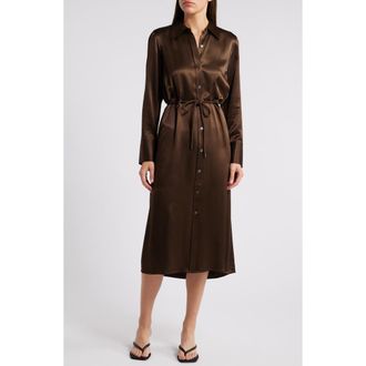 Rails Anina Tie Waist Long Sleeve Satin Midi Shirtdress in Dark Moss at Nordstrom Rack, Size Small