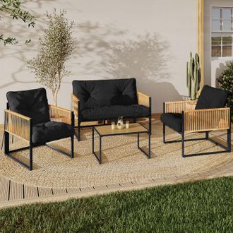 IDMarket Conjunto De Muebles De Jard&iacute;n Rio De 4 Plazas Con Estructura De Metal Negro, Cuerdas De Rat&aacute;n Claro Y Cojines Negros