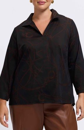 Foxcroft Agnes Print Popover Top in Coffee Brown/Black at Nordstrom, Size 2X