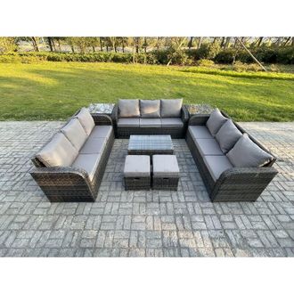 Fimous Rattan Lounge Sofa Set 11 Seater Outdoor Garden Furniture Set with Rectangular Coffee Table 3 Seater Sofa 2 Side Tables 2 Small Footstools Dark Grey