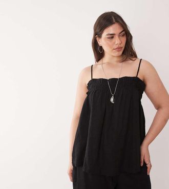 Nobody's Child Canottiera nera in lino con dettaglio arricciato in coordinato-Nero